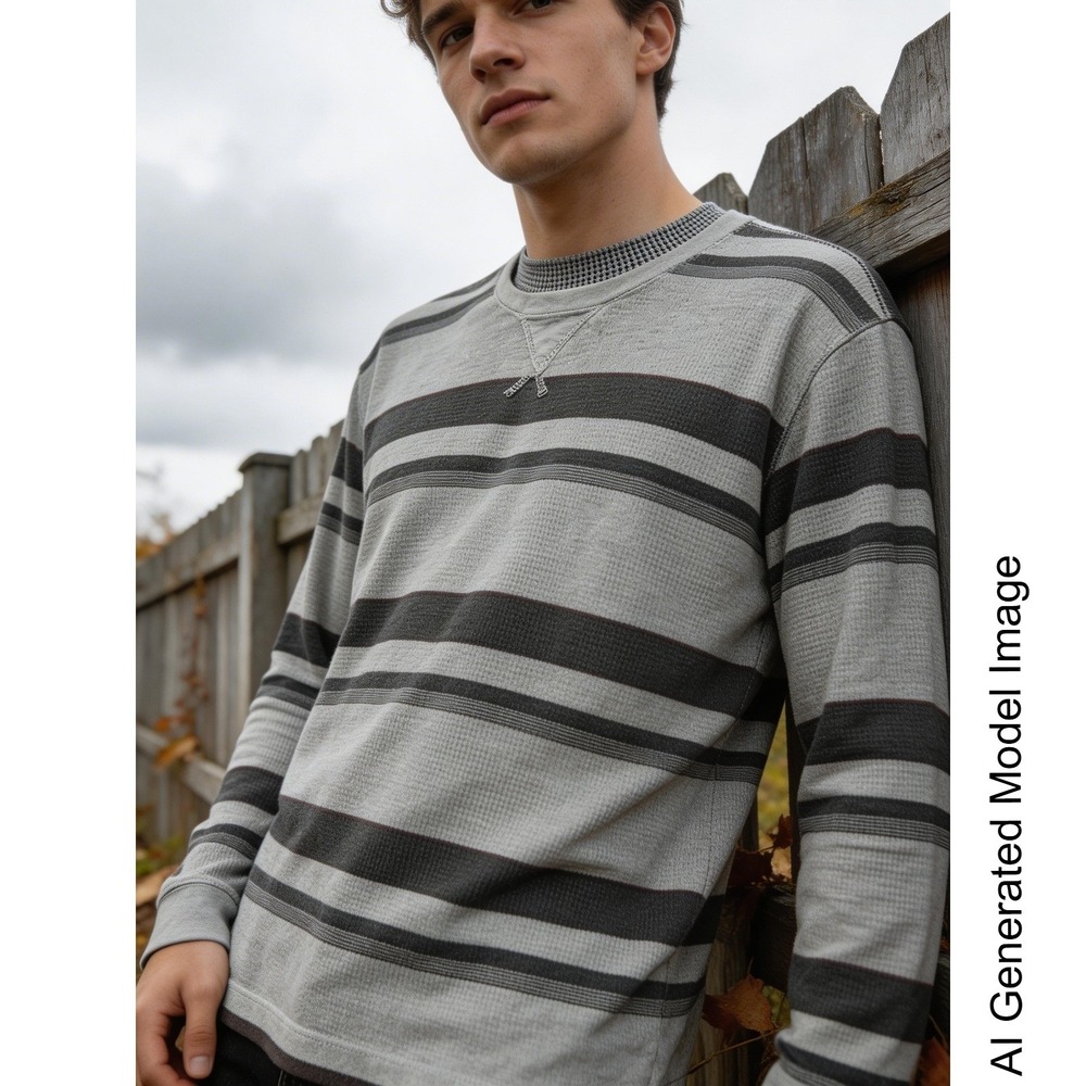 Vintage Route 66 Mens Grey Striped Waffle Knit Thermal Long Sleeve Shirt Large